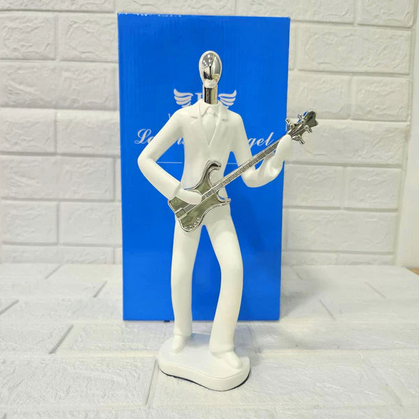 Musician Electric Guitar Figurine – Modern White Resin Decorative Sculpture | Artistic Showpiece for Home, Office & Studio (33.5 cm, 710 gm)