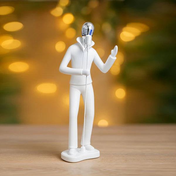 Singer with Mic Stand Figurine – Modern White Resin Sculpture | Artistic Showpiece for Home, Office, Café & Studio Décor (33.5 cm)