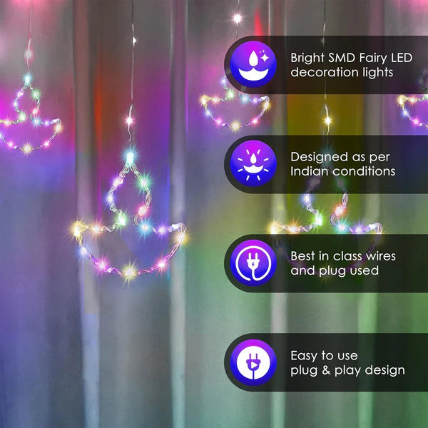 10 Fairy Diya LED Curtain String Lights with Flashing Modes - 5x5 (Multicolour)