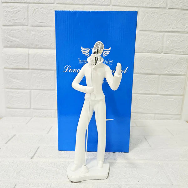Singer with Mic Stand Figurine – Modern White Resin Sculpture | Artistic Showpiece for Home, Office, Café & Studio Décor (33.5 cm)