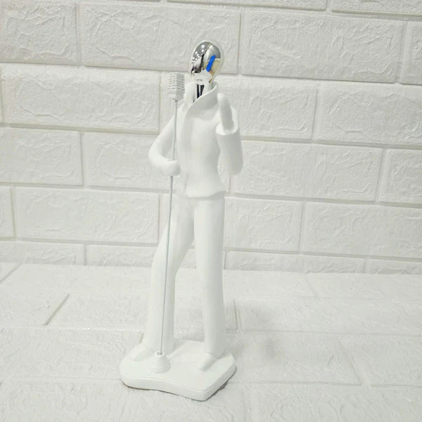 Singer with Mic Stand Figurine – Modern White Resin Sculpture | Artistic Showpiece for Home, Office, Café & Studio Décor (33.5 cm)