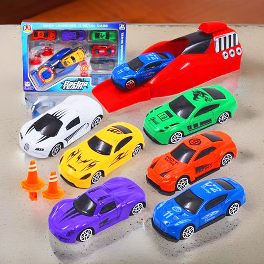 7 Pcs Die-Cast Metal Cars with Rapid Power Launcher – Alloy Wheels, 2 Road Stoppers | High-Speed Racing Playset for Kids 3+