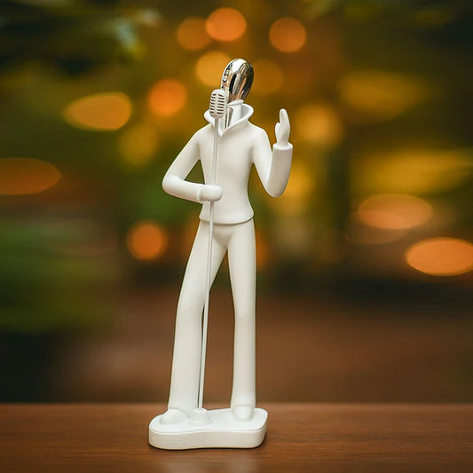 Singer with Mic Stand Figurine – Modern White Resin Sculpture | Artistic Showpiece for Home, Office, Café & Studio Décor (33.5 cm)