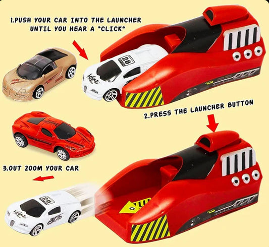 7 Pcs Die-Cast Metal Cars with Rapid Power Launcher – Alloy Wheels, 2 Road Stoppers | High-Speed Racing Playset for Kids 3+