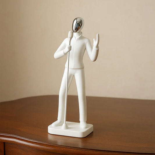 Singer with Mic Stand Figurine – Modern White Resin Sculpture | Artistic Showpiece for Home, Office, Café & Studio Décor (33.5 cm)
