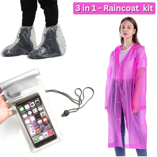 3 In 1 Rain Cover Kit - Raincoat with Mobile Cover & Shoe Cover