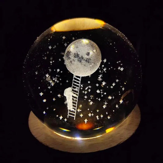 3D Astronaut Moon Crystal Ball LED Night Light with Wooden Base – USB Decorative Lamp for Kids, Teens & Home Décor